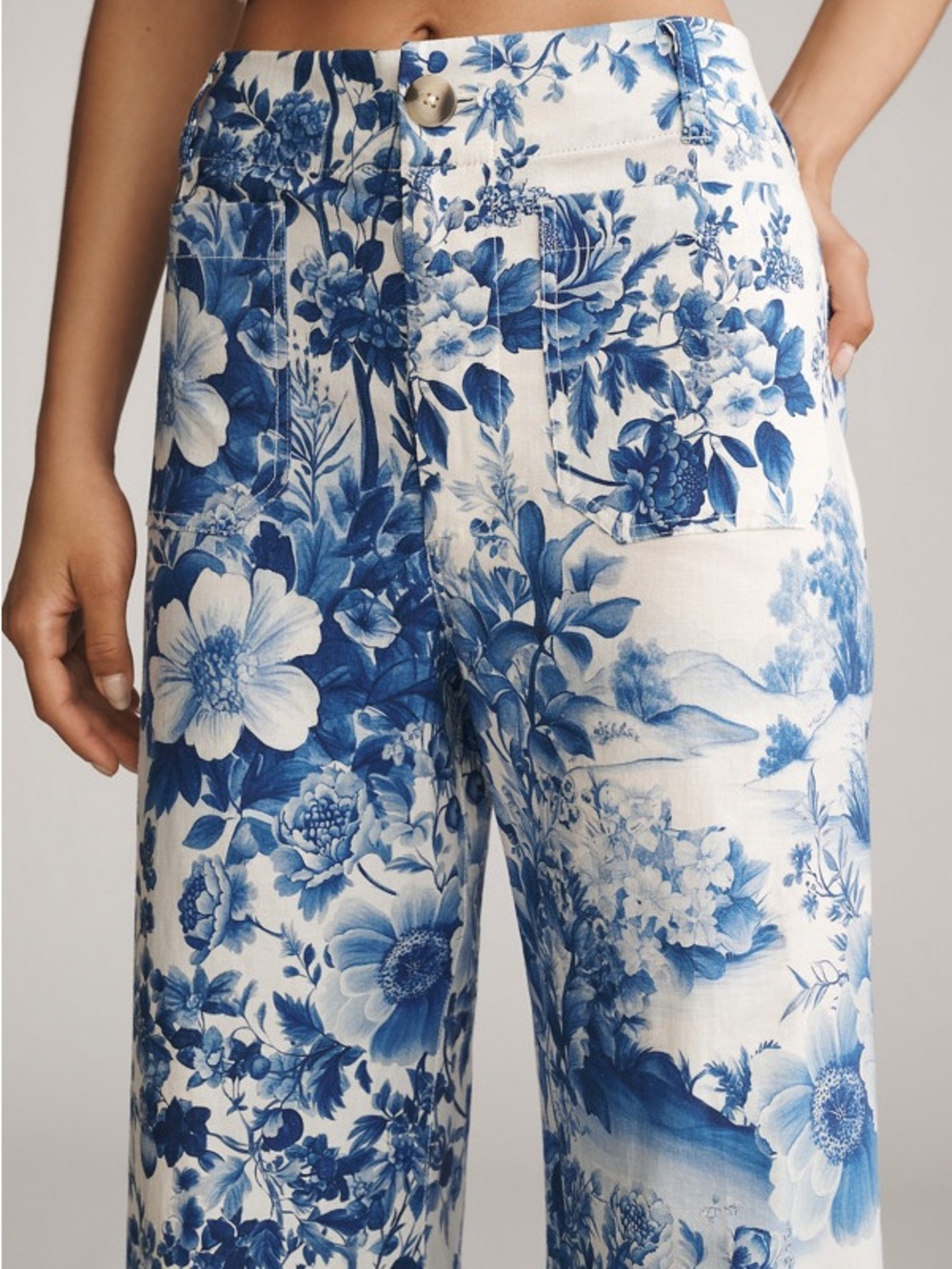 Anthropologie Maeve Blue and White Floral Linen Blend Wide-Leg Pants size 27 EUC - Picture 2 of 3